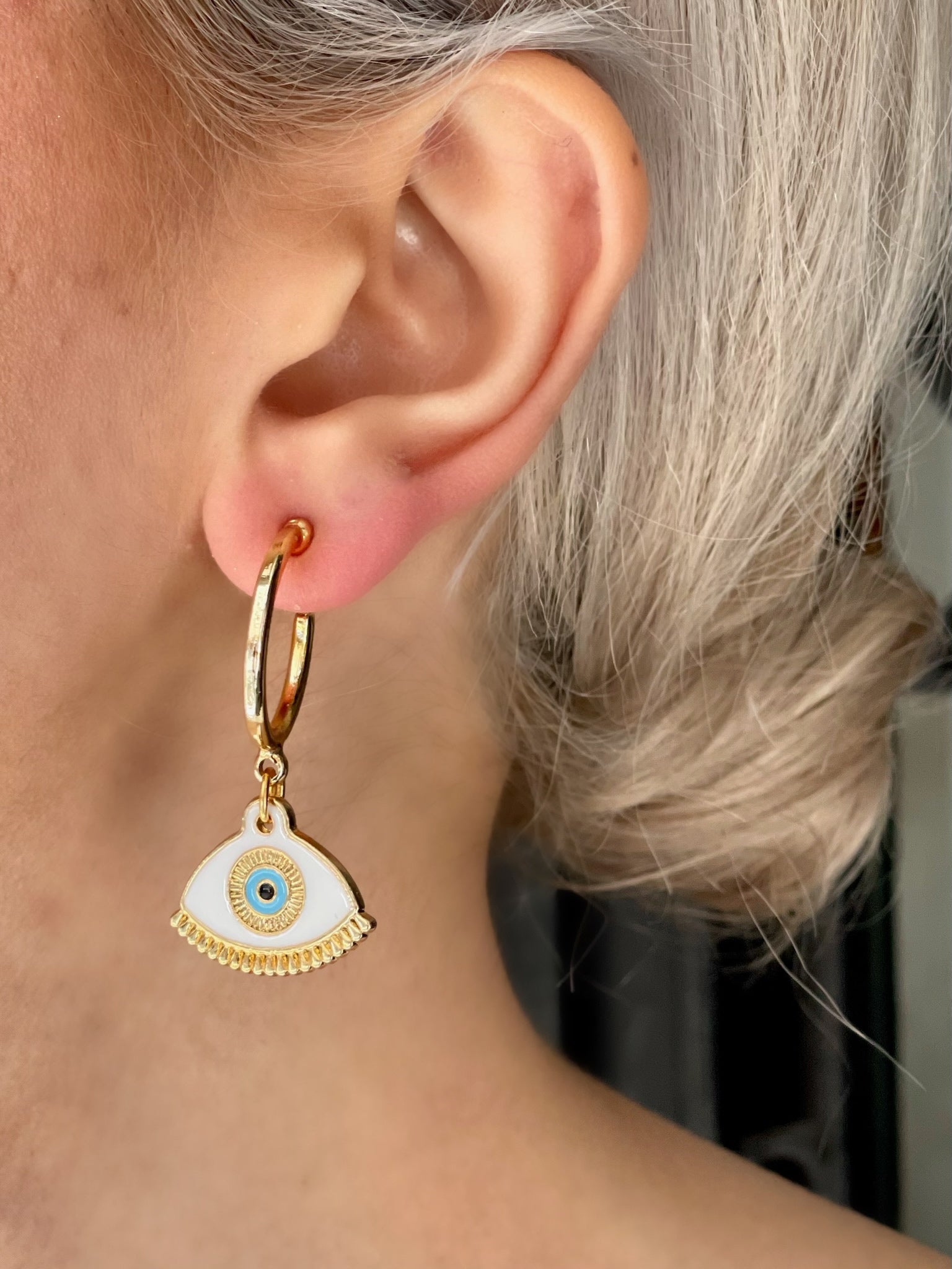 HERA WHITE NAZAR HOOP EARRINGS