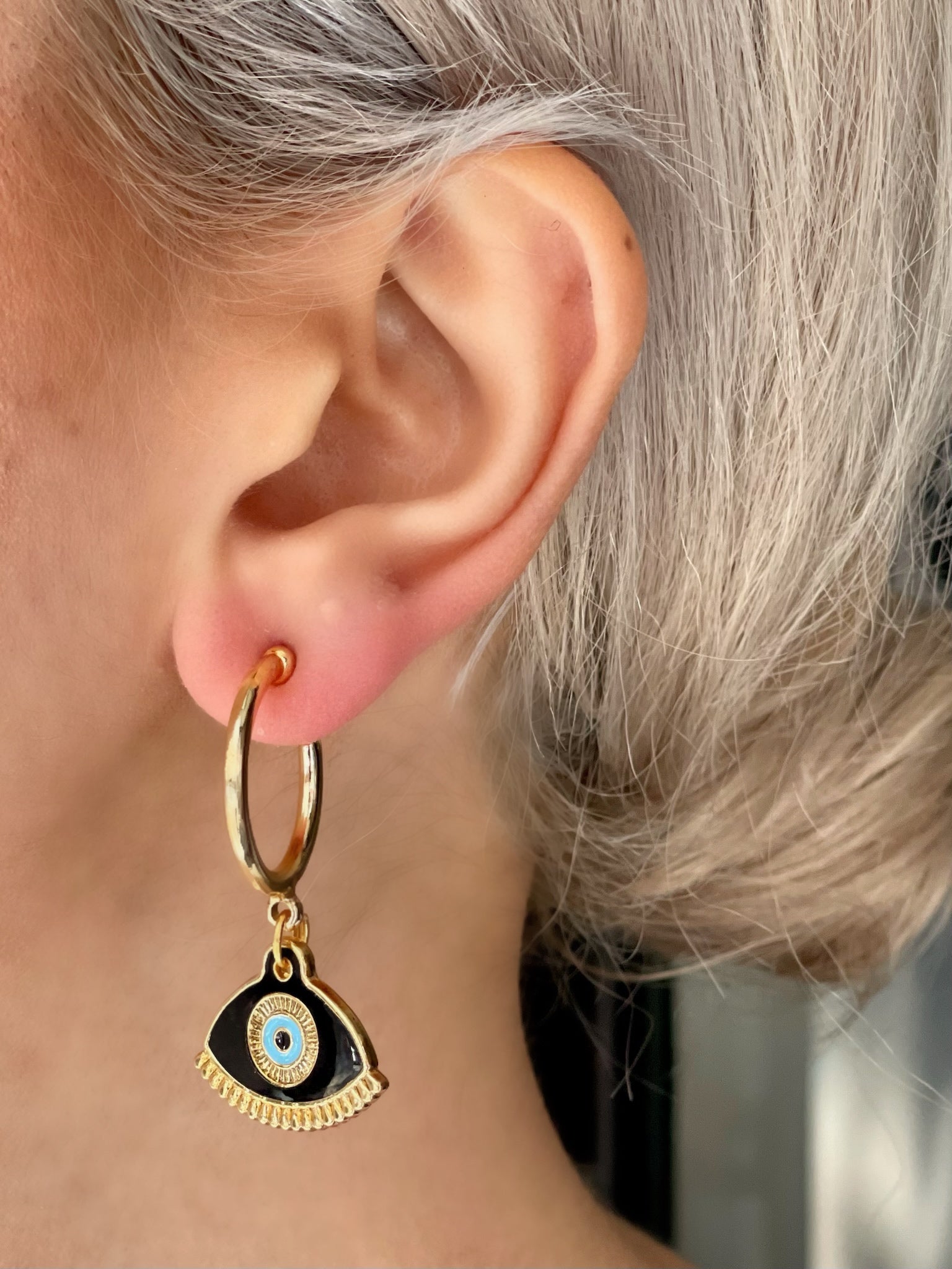 HERA BLACK NAZAR HOOP EARRINGS