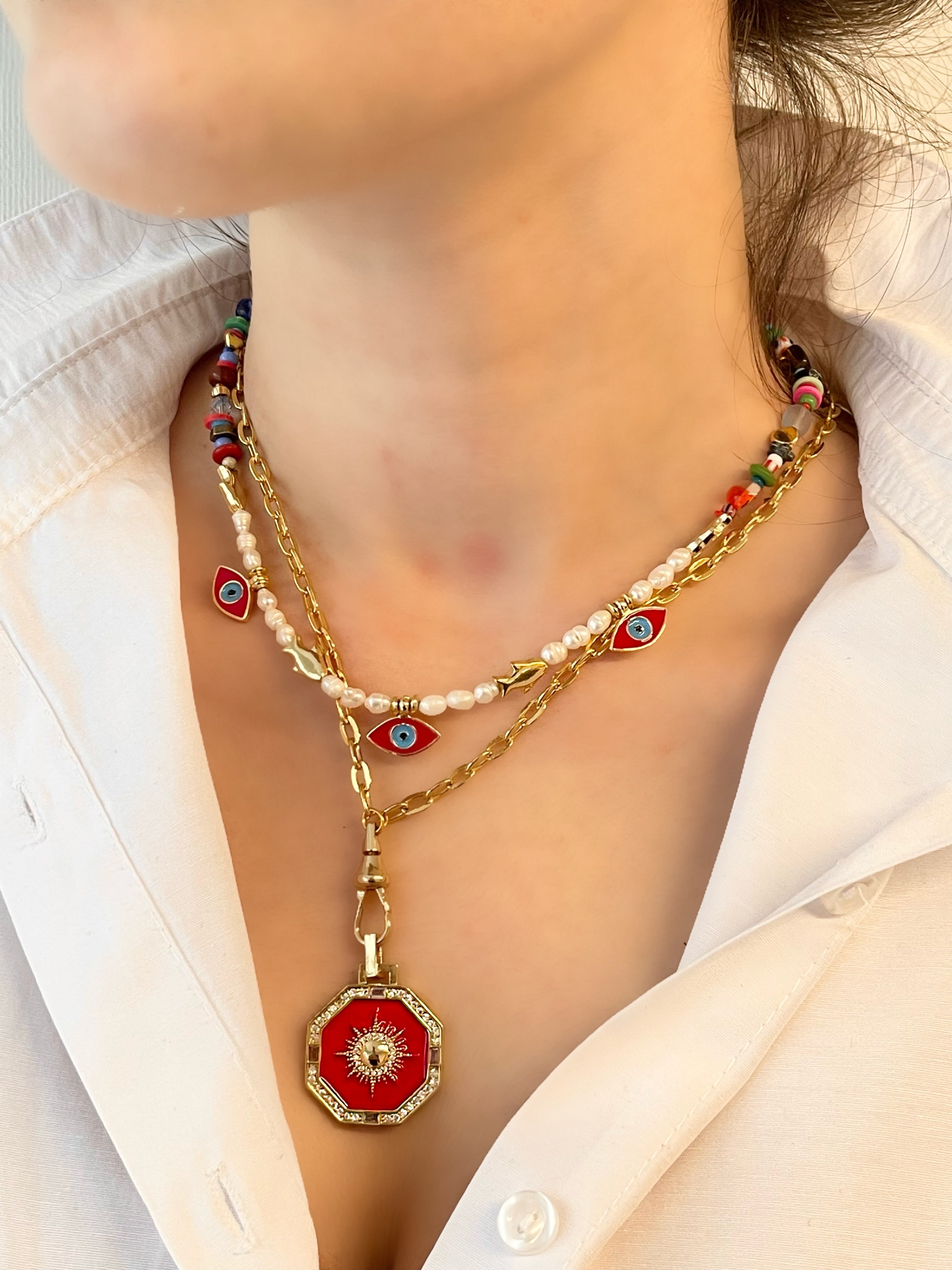 MIXED BEADED NAZAR PEARL NECKLACE