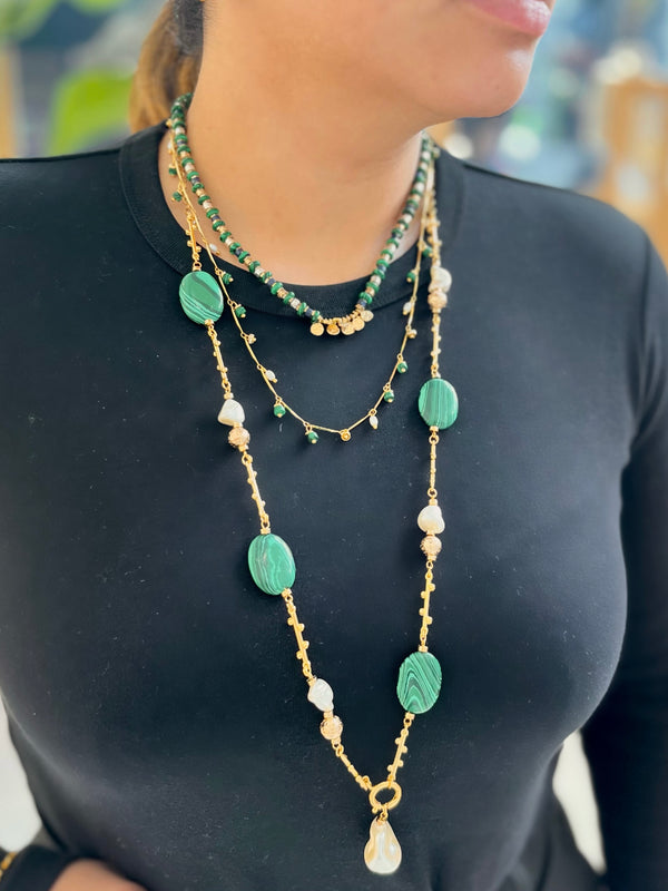 BONBON MALACHITE BAROQUE PEARL LONG NECKLACE