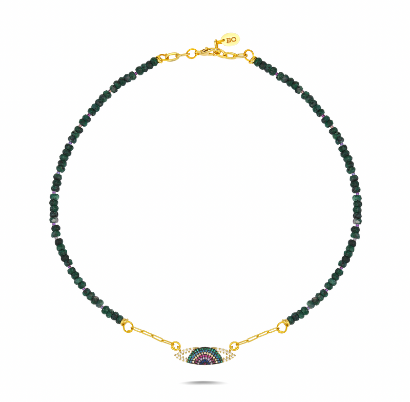 GREEN BEADED CRYSTAL EVIL EYE NECKLACE