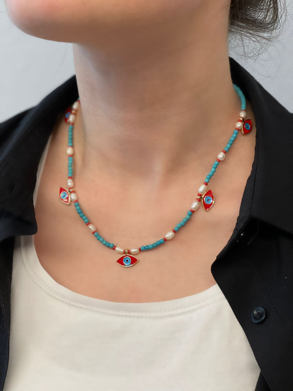TURQUOISE BEADED NAZAR NECKLACE