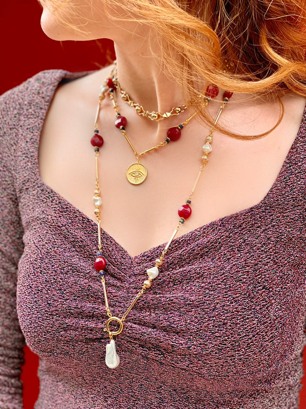 BARCELONA RUBY BAROQUE PEARL LONG NECKLACE