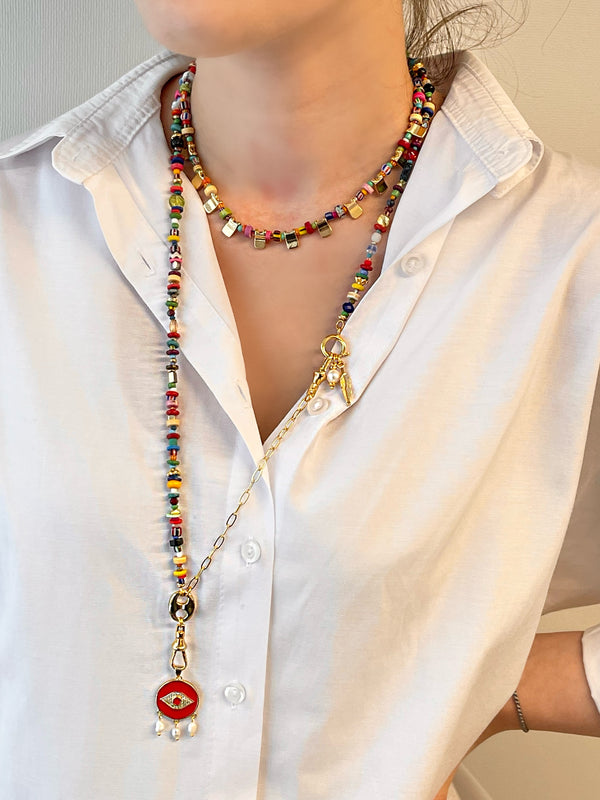 MIXED BEADED NAZAR PEARL LONG NECKLACE